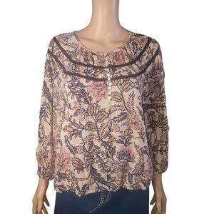 Evereve Oliver Cottage Floral Gathered Balloon Sleeve Blouse S Top Tan Purple